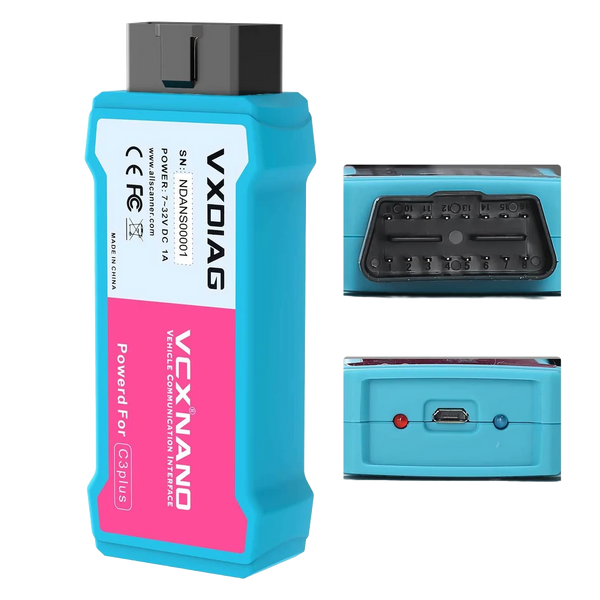 Interface VCX Nano bleue à étiquette rose avec détails de ses ports