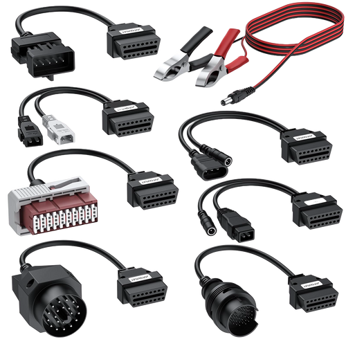 Huit câbles adaptateurs OBD avec connectiques BMW, PSA, Audi, Mercedes, Opel et Fiat