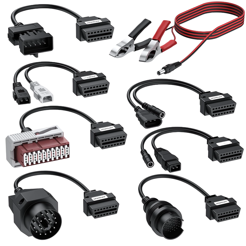 Huit câbles adaptateurs OBD avec connectiques BMW, PSA, Audi, Mercedes, Opel et Fiat