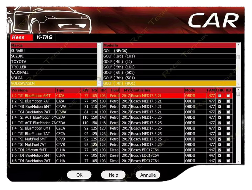 Interface du logiciel Kess v2.80 pour la lecture et l'écriture ECU